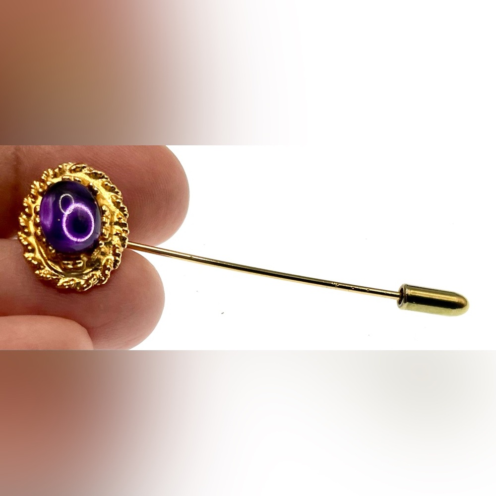 3 for $30 Vintage Gold Tone Stick Lapel Pin Cabochon Amethyst Colored Lucite